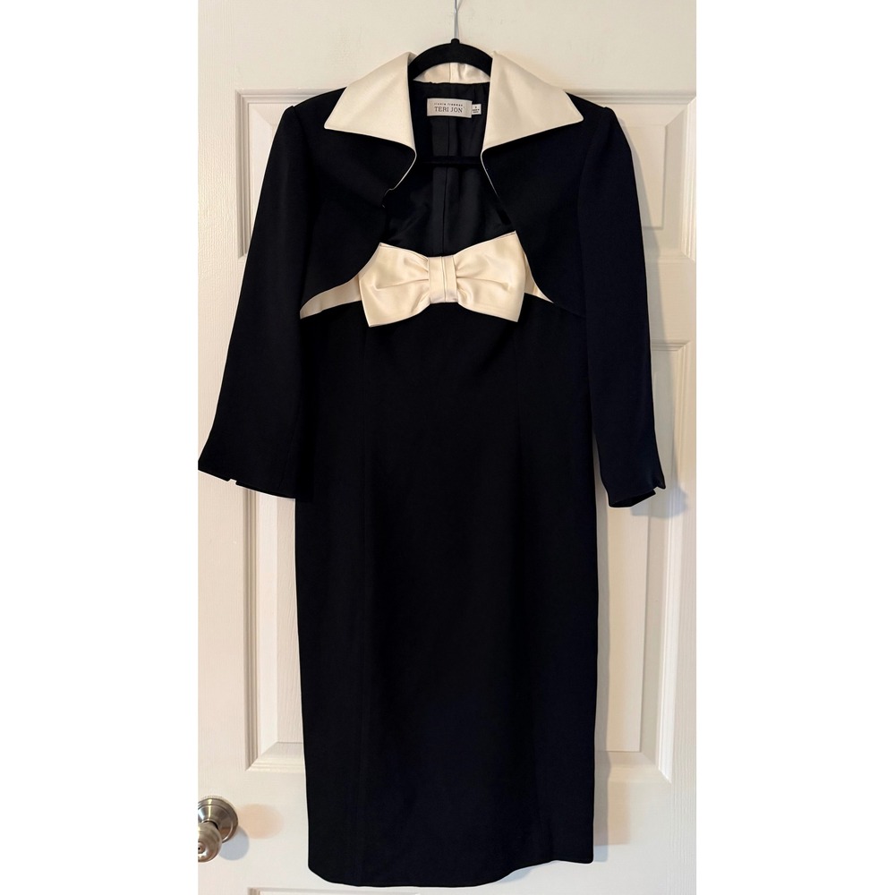 Rickie Freeman Teri Jon Black Ivory Bow Cocktail Dress Jacket Set Women's 8.